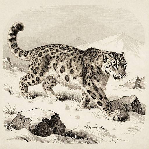Monochrome Snow Leopard Woodcut Engraving