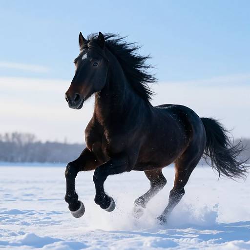 Photograph of a powerful, black horse with a flowing mane galloping through a snowy landscape under a bright blue sky.