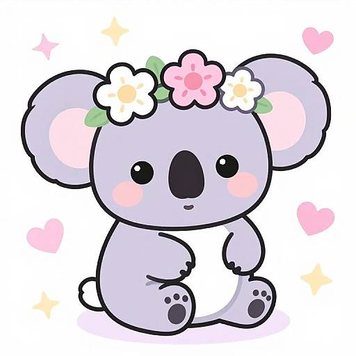 Adorable, pastel-purple koala with black eyes and blushing cheeks, wearing a flower crown, sitting against a white background with pink hearts and