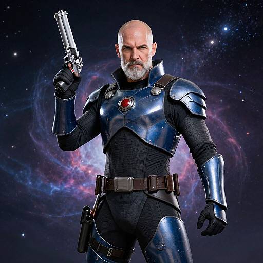 Bald, bearded man in shiny blue armored suit holds gun, space background with nebula. Serious expression, futuristic, sci-fi style.