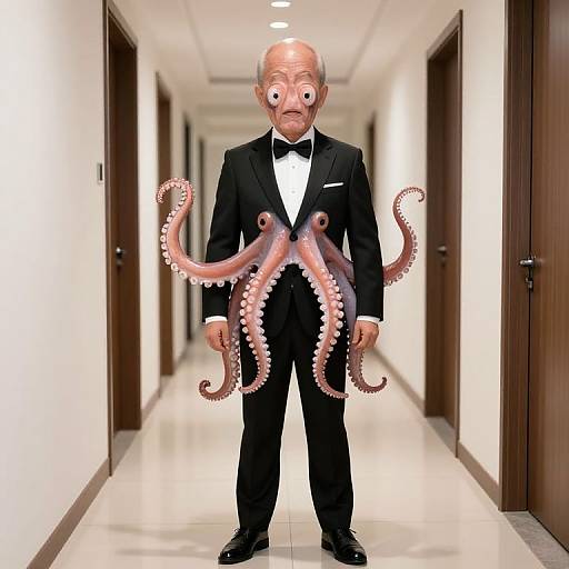 Photograph of an elderly man in a black tuxedo with octopus tentacles emerging from his sides, standing in a bright, empty hallway with