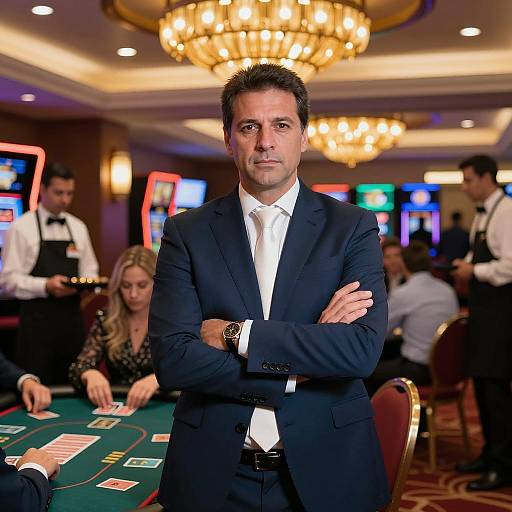 Confident man in casino with arms crossed