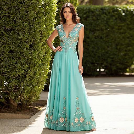 Photograph of a woman with wavy brown hair in a turquoise, deep V-neck gown adorned with floral embroidery, standing on a sunlit path with