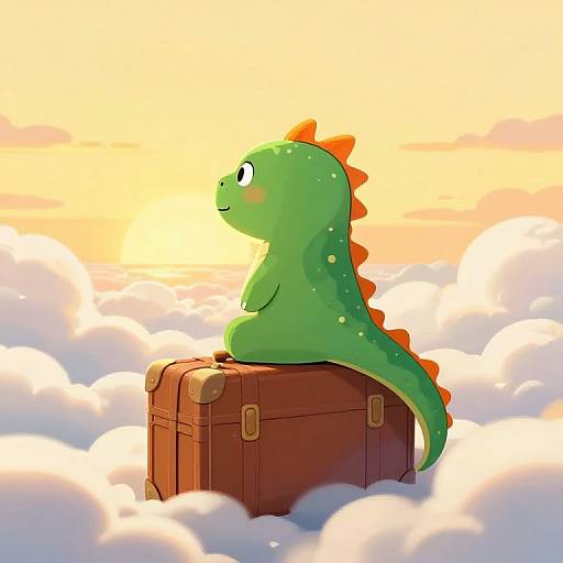 Cute green cartoon dinosaur with orange spikes sits on a brown trunk amidst fluffy white clouds, glowing sunset in the background. Digital art.