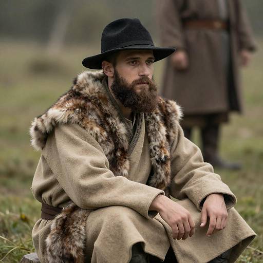 Contemplative Bearded Man in Fur Robe