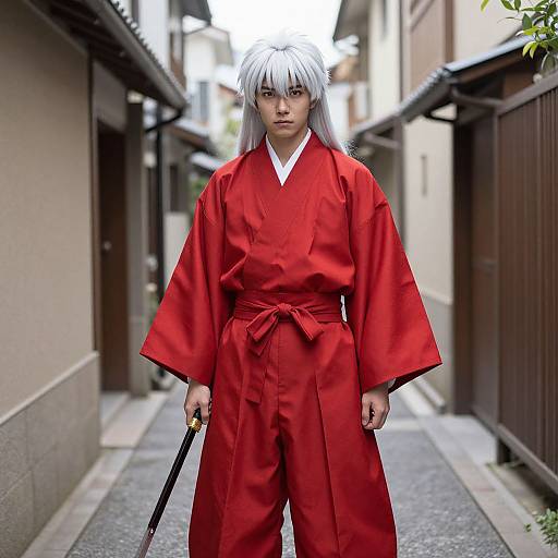 Digital art of a silver-haired man in a red kimono holding a sword, standing in a narrow Japanese alley.