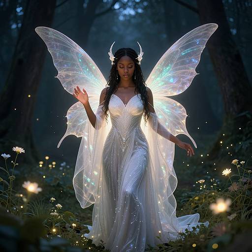 Photograph of a glowing fairy woman in a shimmering white gown, with translucent wings, black hair, and horned headpiece, standing in a