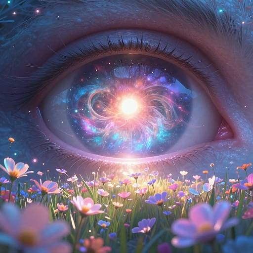 Digital artwork of a glowing, cosmic eye surrounded by vibrant flowers, with a starburst at the pupil, set in a vivid, colorful meadow.