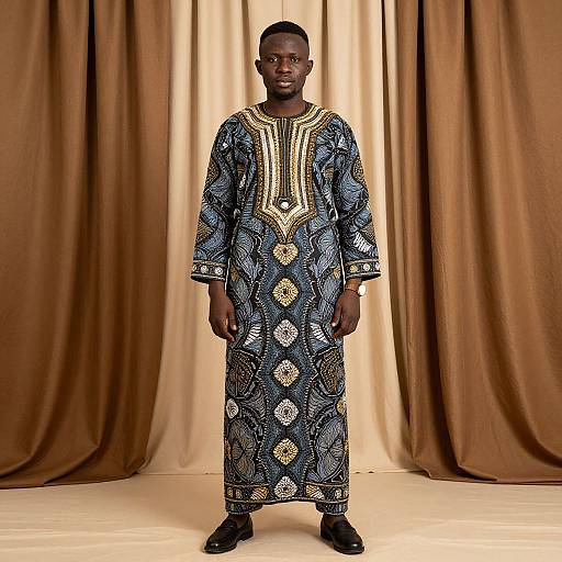 Photograph of a Black man standing in front of brown curtains, wearing a long, patterned blue and gold traditional African dress, with black shoes.