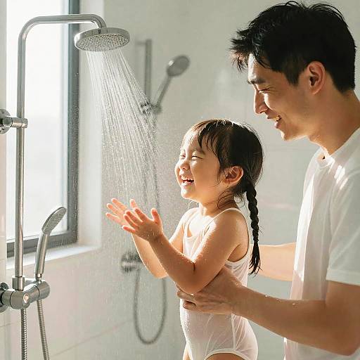 Photograph of an Asian father with short black hair, wearing a white t-shirt, smiling as he showers a happy, laughing young daughter with long black