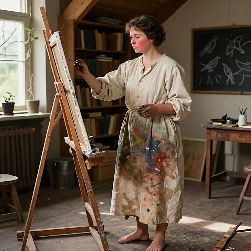 Photograph of a barefoot woman in a paint-stained, cream blouse painting on an easel in a sunlit, rustic studio.