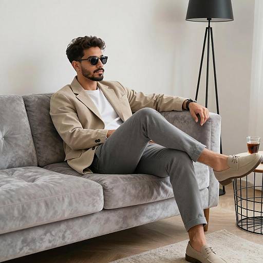 Stylish man relaxing on gray velvet sofa