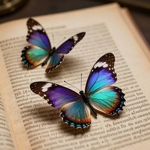 Photograph of two vibrant blue and black butterflies with orange and white spots perched on an open book with text.