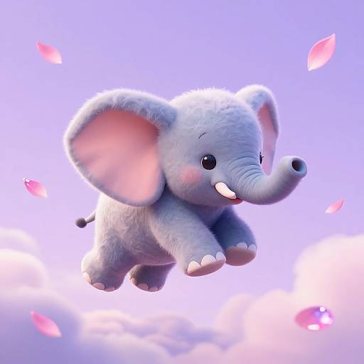 Cute, cartoon-style, white, fluffy baby elephant with pink inner ears, floating mid-air, surrounded by floating pink petals, against a purple-blue