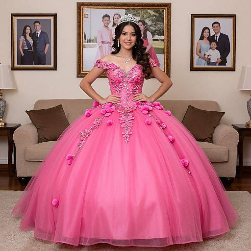 Photograph of a smiling woman with long black hair, wearing a bright pink, glittery, off-shoulder ballgown with pink flower accents
