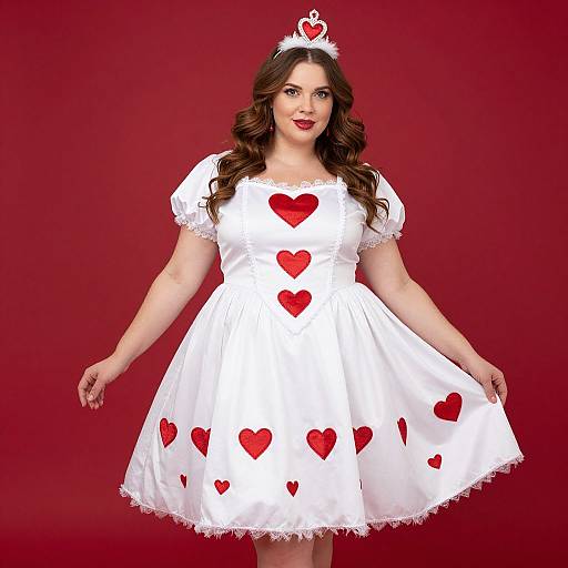Photograph of a curvy woman with fair skin, wearing a white dress with red heart patterns, a tiara, and red lipstick, against a
