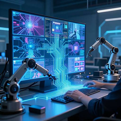 Photograph: Cybernetic workspace with dual robotic arms, glowing blue circuitry on dual monitors, and human hands typing on a keyboard in a futuristic