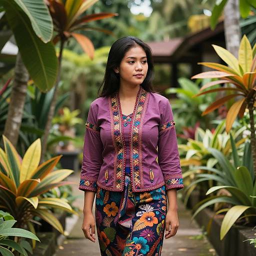 Photograph of an Asian woman with long black hair, wearing a purple embroidered blouse and colorful floral pants, standing in a lush, tropical garden with large