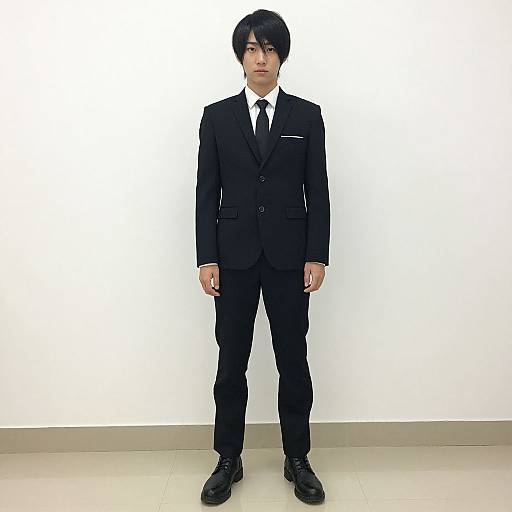 Photograph of an Asian man with black hair, standing straight in a black suit, white shirt, and black tie, against a plain white background.