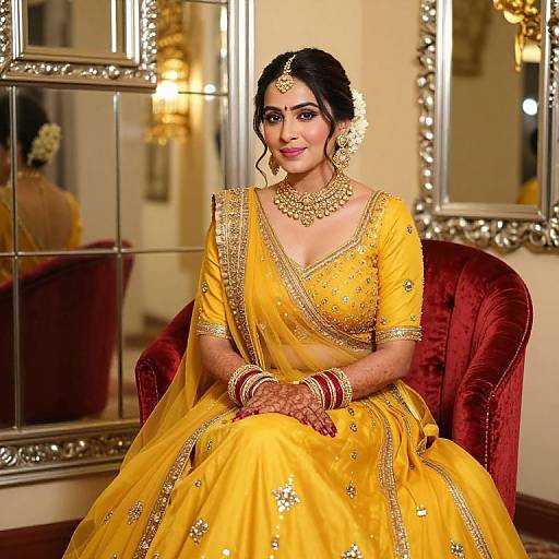 Photograph of a beautiful Indian woman in a yellow saree with gold embroidery, wearing ornate jewelry, sitting on a red velvet chair in front of
