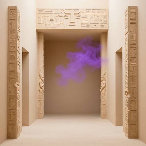 Photograph of an ancient Egyptian-style doorway with carved columns, beige stone, and mysterious purple smoke emerging from the center.