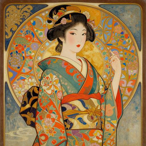 Traditional Japanese woodblock print of a elegant geisha in colorful floral kimono, with intricate hair ornaments and golden halo-like background.