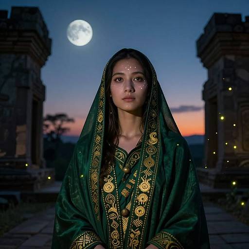 Photograph of a young woman with dark hair, wearing a green embroidered dupatta, illuminated by moonlight, standing between ancient stone pillars at dusk,