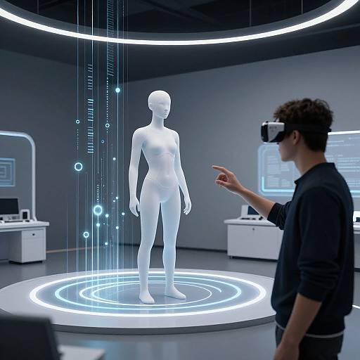 Photograph of a futuristic lab: white, featureless humanoid figure on glowing circular platform, man in VR headset pointing, blue light lines.