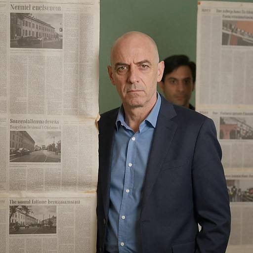 Serious Bald Man Behind Newspaper Wall