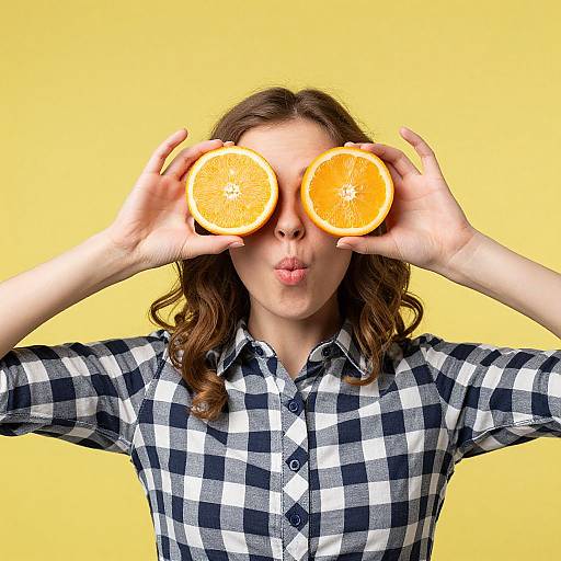 Photograph of a young woman with wavy brown hair, wearing a black-and-white checkered shirt, holding two orange halves in front of her eyes
