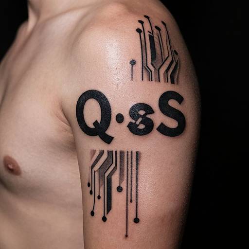 Photograph of a shirtless, light-skinned male with a black, circuit-like tattoo on the upper arm, featuring the bold, stylized letters