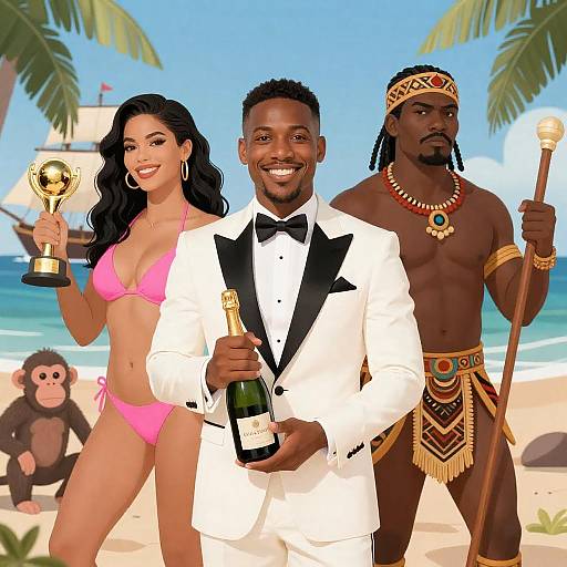 Tropical Celebration with Diverse Figures