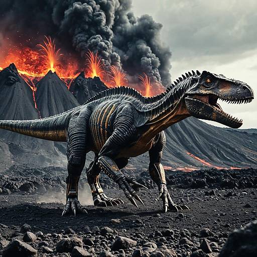 Robotic Spinosaurus Dinosaur Near Volcano