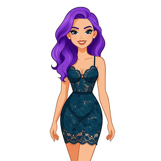 Digital illustration of a smiling woman with vibrant purple hair, wearing a black lace, form-fitting dress, standing against a white background.