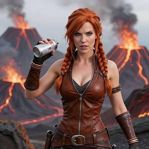 Digital art: Red-haired woman with braids, wearing brown leather vest and gloves, holding can, standing in front of erupting volcanoes.