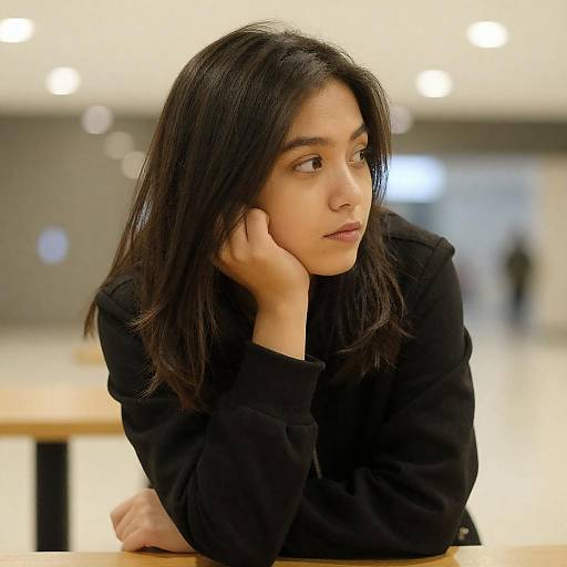 Pensive Young Woman Leaning on Table