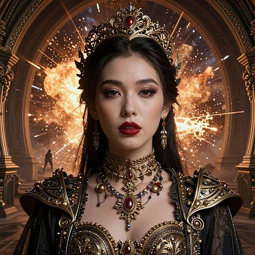 Digital artwork of a regal Asian woman with dark hair, red lips, gold crown, intricate jewelry, and black ornate gown, standing against a