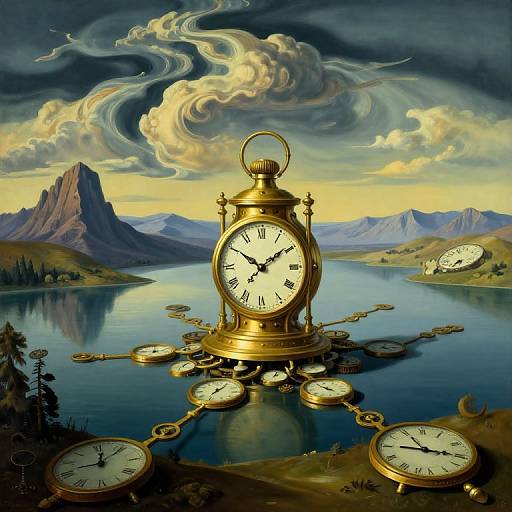Surreal digital painting of a gold clock floating on a lake surrounded by floating clocks, with dramatic clouds and mountains in the background.
