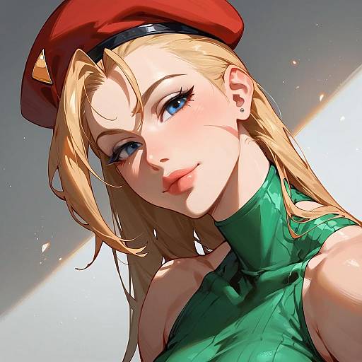 Digital anime-style portrait of a blonde woman with blue eyes, wearing a red beret and green turtleneck, looking forward. Bright background, diagonal