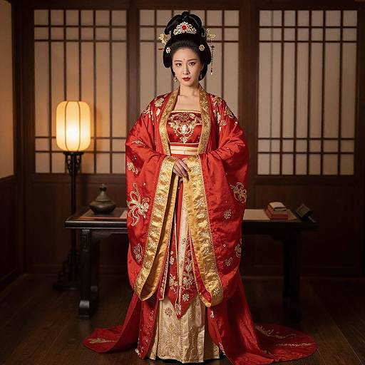 Photograph of a traditional Japanese geisha in a red and gold kimono, standing in a dimly lit room with shoji screens and a lamp