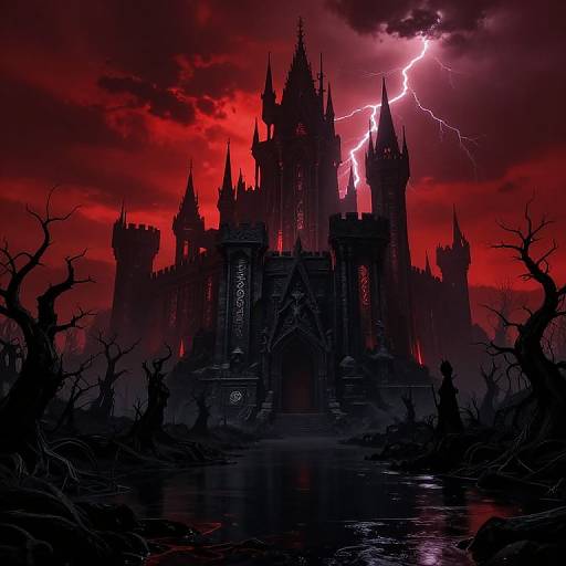 Mysterious, dark castle silhouetted against a red, stormy sky with bright pink lightning striking its spires, surrounded by black, barren