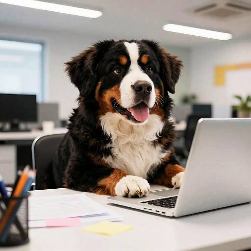Bernese Mountain Dog Using Laptop in Office