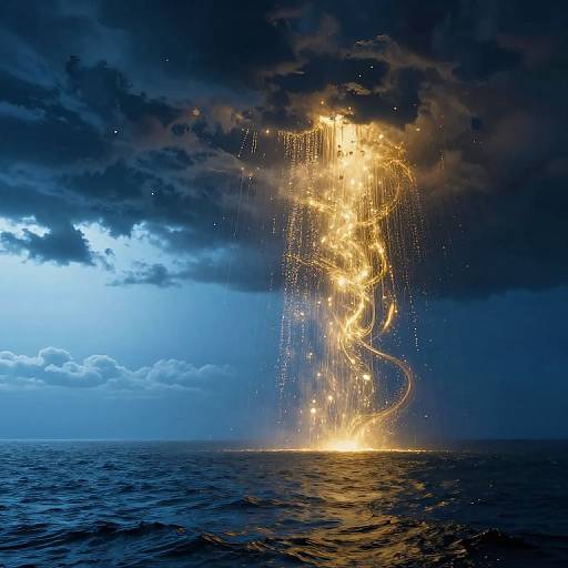 Photograph of a dramatic ocean scene at night, with bright, golden lightning-like energy descending from a dark, stormy sky onto the water.