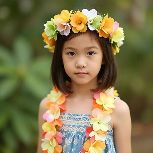 Photograph of an Asian girl with shoulder-length black hair, wearing a colorful flower crown and lei, in a blue lace dress, against a blurred green