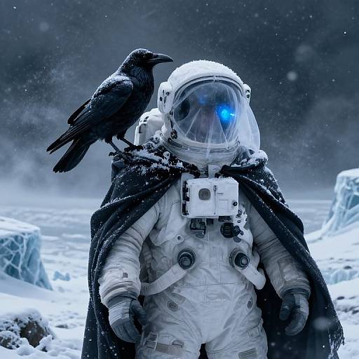 Photorealistic digital artwork of a snow-covered astronaut with a black crow on shoulder, wearing a dark cape, in a snowy, icy landscape.