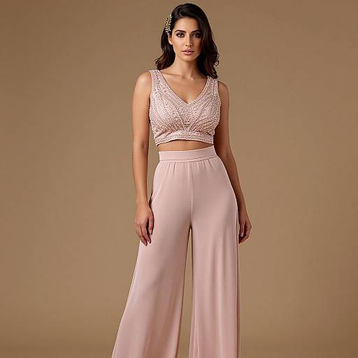 Photograph of a dark-haired woman in a sleeveless, white lace crop top and high-waisted, light pink wide-leg pants, standing against