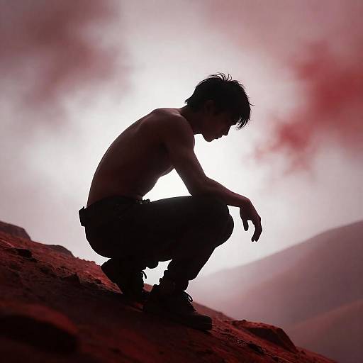 Apocalyptic Crouching Figure on Red Slope