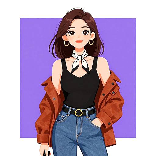 Digital anime-style illustration of a smiling woman with brown hair, wearing a black tank top, red jacket, blue jeans, black belt, and hoop earrings