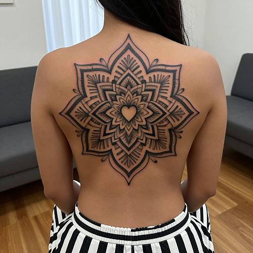 Photograph of a topless woman with long black hair, showcasing a large, intricate black mandala tattoo on her back, standing in a modern room