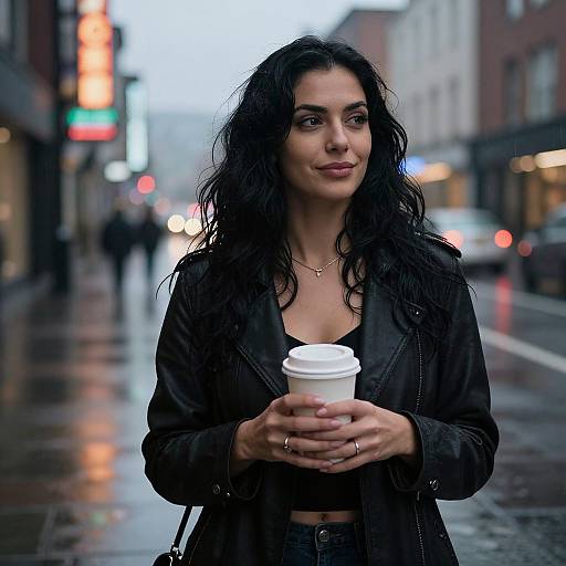 Photograph of a confident, dark-haired woman with wavy hair, wearing a black leather jacket, holding a coffee cup on a rainy urban street with